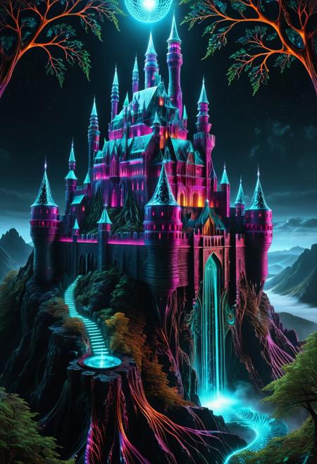 Fractangles, made out of fractangles, surreal castle, old castle, crazyily big castle, massive fortress, surreal castle, massive walls, medieval castle, knight, knight in front of view, knight on cliff looking over castle, transformed by glowing fractal roots, geometric vines wrapping around its structure, futuristic crystal patterns integrated into the metal, bioluminescent details, mystical atmosphere, cinematic lighting, foggy cityscape in the background, ultra-detailed architecture, dreamlike sci-fi fantasy fusion, sharp focus, 8k, fractal-inspired redesign, concept art style, high quality,