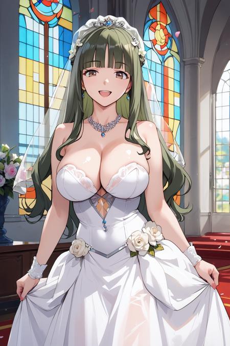 tohsakaaoi, long hair, brown eyes, blunt bangs, dark green hair, long dress, shawl, long sleeves, ribbon 