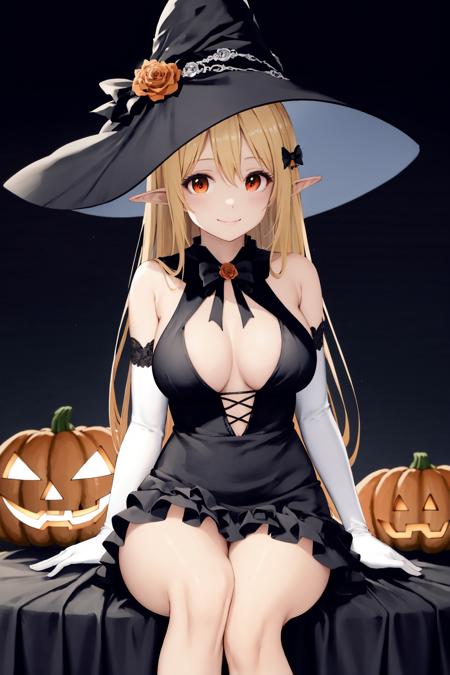 ((best quality, high resolution, distinct image)), (delicate illustration), 4k,1girl, breasts, solo, long hair, hat, blonde hair, flower, witch hat, sitting, very long hair, pointy ears, large breasts, rose, pumpkin, jack-o'-lantern, looking at viewer, underboob, bare shoulders, gloves, bridal gauntlets, dress, holding, full body, red flower, red eyes, fur trim, black gloves, skirt,halloween background, underboob cutout, black dress, bangs, halloween, detached sleeves, long skirt, black skirt, hair between eyes, smile, long dress, fingerless gloves, closed mouth, witch, red rose, frills, clothing cutout, orange bow, elbow gloves, hair ornament, bow, vines, <lora:SilvermoonMix02_2:1>