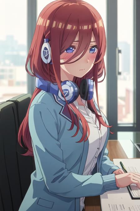 best quality, masterpiece, highres, solo, {nakano_miku_gotoubunnohanayome:1.15}, long_hair, brown_hair, bangs, hair_between_eyes, blue_eyes, headphones_around_neck, headphones, blush, closed_mouth, shiny_hair, 1girl, shirt, shiny, blue_cardigan, upper_body, portrait, white_shirt