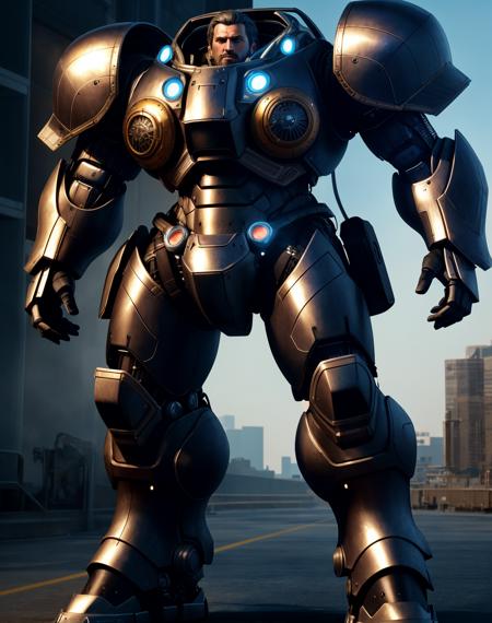 4K, Masterpiece, highres, absurdres,photorealistic, Parrley_armor, a man in a suit of armor ,wearing Parrley_armor, big bulky futuristic armor<lora:Parrley1:0.7>