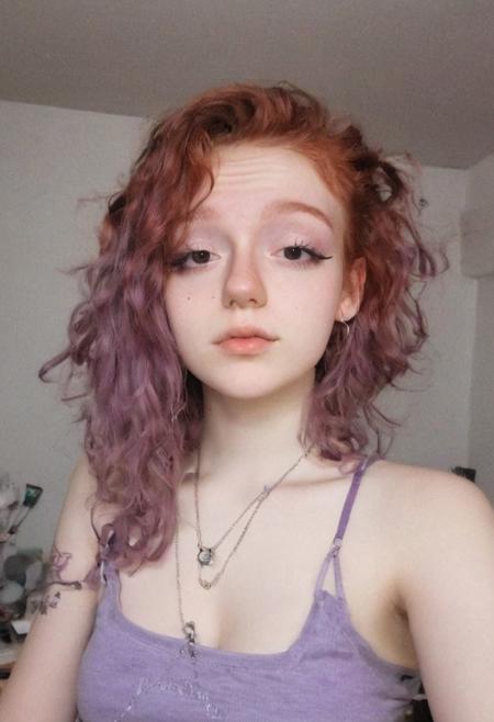woman, egirl_pfp, makeup
<lora:egirl_pfp:1>, Molly, MJ, auburn hair, greyish violet tank top, violet spaghetti strap tank top, cleavage, polaroid photo, large boobs