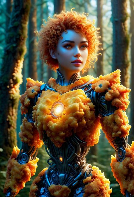 Ultrarealistic. sharp focus, dynamic lighting. play of light, Raytracing, Ultra detailed. (((DFC Style))). A gorgeous and beautiful female robot made of deep fried & crispy breading in a mystical forest.