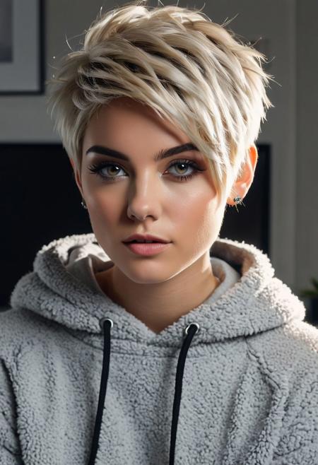 analog photo, masterpiece, best quality, photorealistic, woman wearing fluffy hoodie, short blond hair shaved on the side and darker roots, pixie cut hair, full body, smokey eyes, view from above, dynamic view, earings, 35mm, f1.4, partial nudity, highly detailed, perfect body, perfect skin, perfect anatomy, best quality, realistic, extremely detailed, an extremely delicate and beautiful, RAW photo, realism, office, raw photo, 4K
