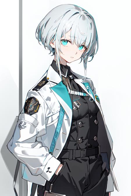 <lora:TechNeco1.2:0.8:OUTALL>,1girl,solo,white hair,short hair,
uniform,jacket,shoulder badge,