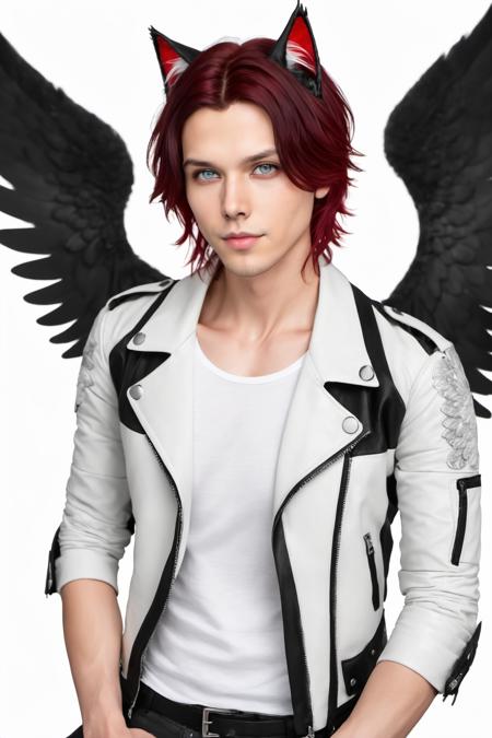 solo, looking at viewer, short hair, blue eyes, shirt, black hair, red eyes, animal ears, jacket, upper body, red hair, open clothes, wings, cat ears, open jacket, black jacket, black shirt, heterochromia, feathered wings, angel wings, white wings, leather, single wing, leather jacket,