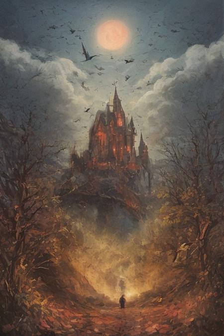 oil painting, of a castle on a cliff, forest, night, a flock of bats flying in the dark sky, reddish moon, clouds tainted red, dark theme, still life, shadows, haunted castle