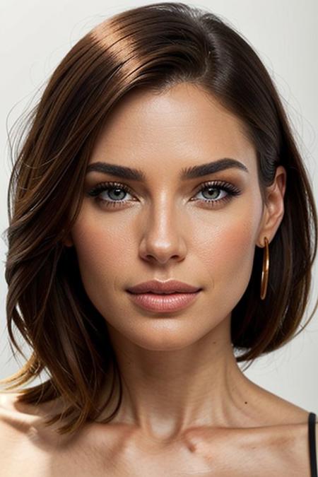 Close-up portrait of a stunning woman with captivating eyes, bare shoulder, and flawless, realistic skin texture. Symmetrical face, centered composition, white background. Highly detailed skin with subtle imperfections, inspired by Artgerm.