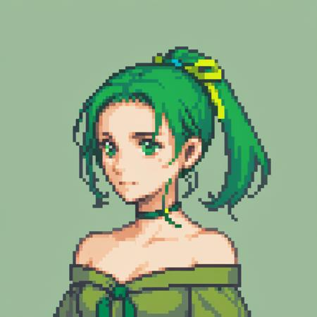 1girl, solo, green hair, green eyes, green background, simple background, portrait, closed mouth, bare shoulders, hair ribbon, ribbon, collarbone, ponytail, off shoulder, <lora:GBA Style SDXL v3:0.85>