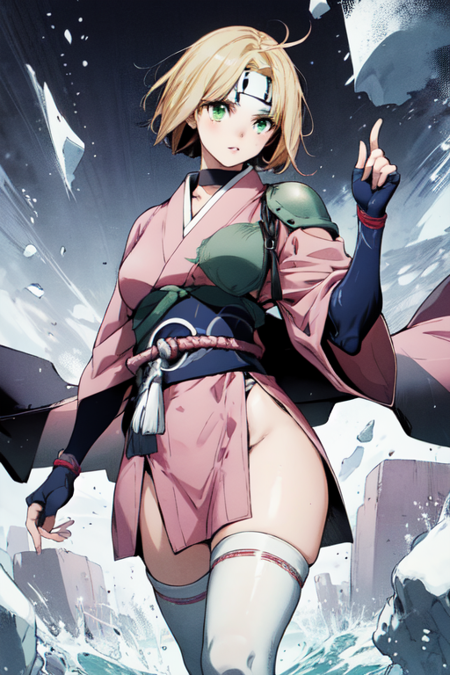 TomoeMajo, 1girl, solo, short hair, blonde hair, white thighhighs, gloves, green eyes, japanese clothes, choker, fingerless gloves, kimono, armor, sash, headband, short kimono