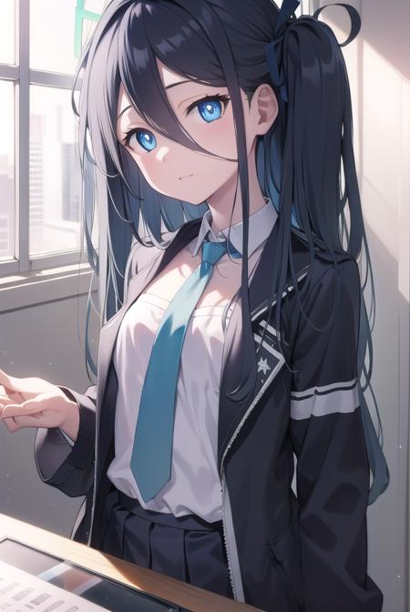 bluearchivearis, <lora:bluearchivearis-lora-nochekaiser:1>, 
aris, black hair, blue eyes, hair between eyes, halo, long hair, one side up, hair ribbon, (flat chest:1.2),
BREAK necktie, blue necktie, jacket, skirt, school uniform, white shirt, collared shirt, black skirt, white jacket, long sleeves,
BREAK looking at viewer, 
BREAK indoors, classroom,
BREAK <lyco:GoodHands-beta2:1>, (masterpiece:1.2), best quality, high resolution, unity 8k wallpaper, (illustration:0.8), (beautiful detailed eyes:1.6), extremely detailed face, perfect lighting, extremely detailed CG, (perfect hands, perfect anatomy),