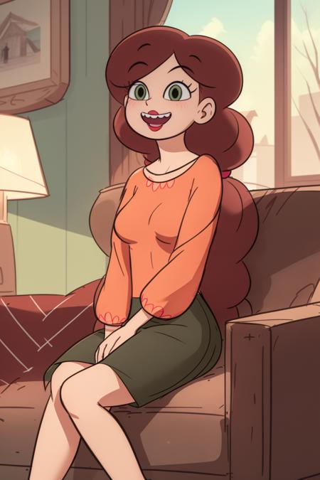 (masterpiece, best quality, high resolution:1.4), full body, 1girl, marcos mom, green eyes, mom outfit,indoor, sitting on couch, (smile, happy, full-face blush:1) <lora:MarcosMom_v1.1:1>