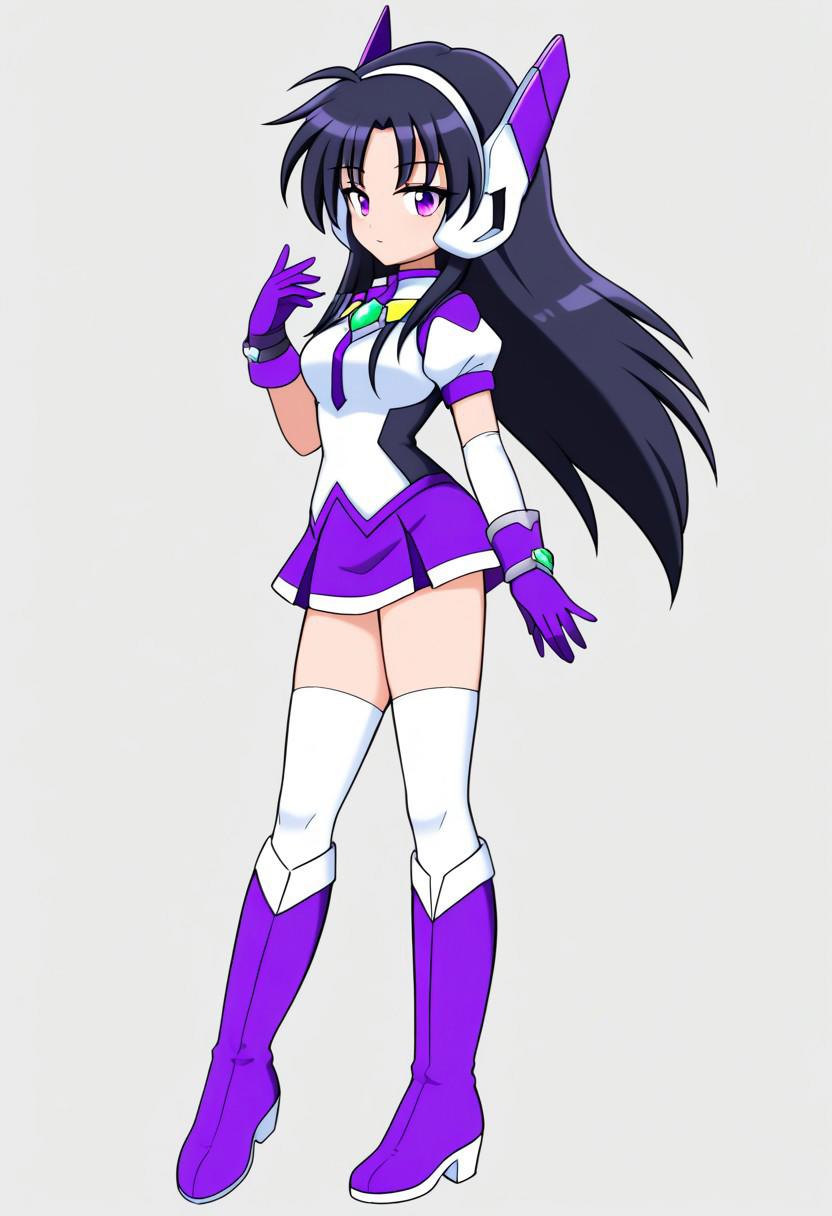 score_9, score_8_up, score_7_up, source_anime, good anatomy,purpswa, 1girl, solo, black hair, long hair, purple eyes, purswaoutfit, white and purple shirt, raised collar, white hairband, white and purple headphones, white and purple glove, wristband, green gems, purple skirt with white trim, miniskirt, white thighhighs, zettai ryouiki, white and purple boots, standing, full body, from side, side view