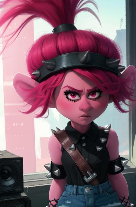 QueenPoppy,pink hair, ponytail, pink eyes,pointy ears, solo,serious, 
standing,  upper body, 
black shirt with skull, wild hair,  black eyeshadow, headband with spikes, fishnets, jean skirt,
speakers, sleeveless, 
(insanely detailed, beautiful detailed face, masterpiece, best quality)
 <lora:QueenPoppy-10v7:0.8>