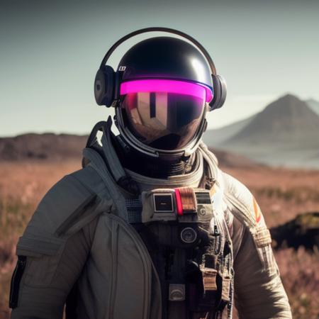 neon-ground-astronaut scifi style,a human male man figure in astronaut suit in field,helmet glowing pink, dynamic lighting, atmosphere  lighting, hyper detail features, ray tracing, high flare, 3D, cinematic lighting, dark shadows, unrealistic Engine 5 rendering, hyper detail,trending on artstation, 4k,extremely high details, ultra hd, hdr, 8k, extremely high details