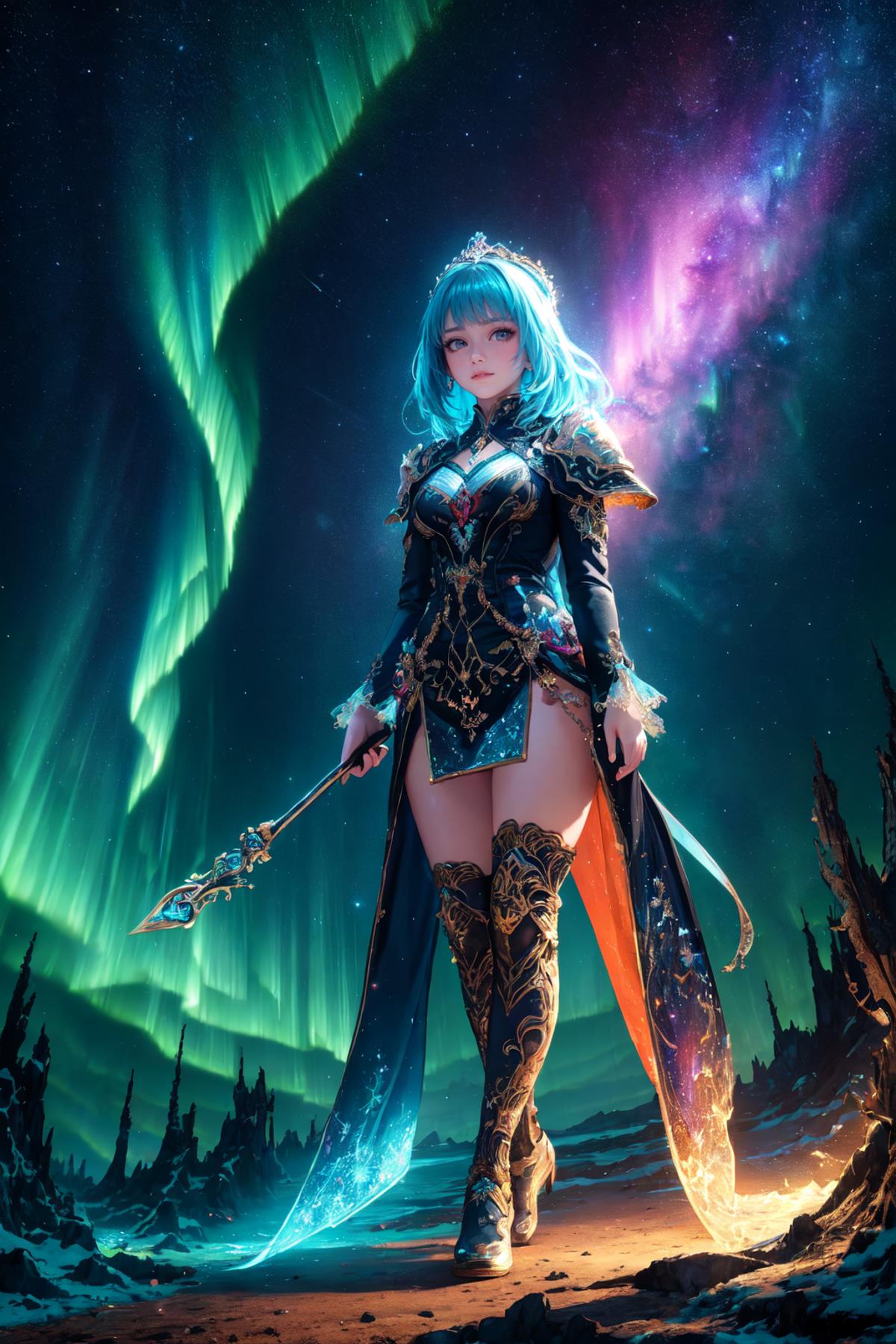 A blue-haired woman in a blue dress and boots holds a staff in a fantasy setting.