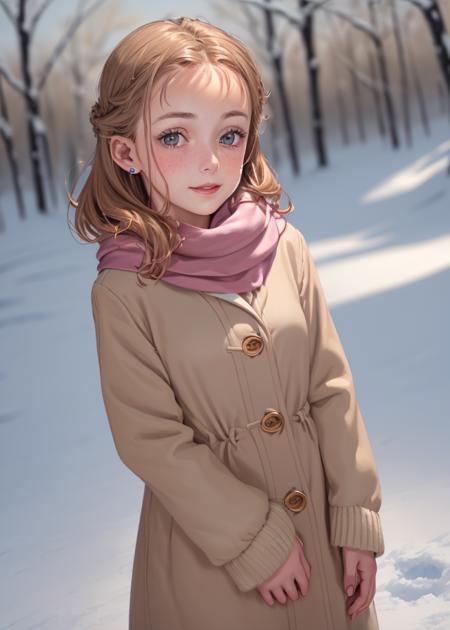 juwit1, (masterpiece, best quality), Scarves, Diva, Average Height, Firm, Heart-Shaped Face, Tan Skin,, Straight Nose, Full Lips, Round Chin, Wedding Updo, natural breasts, Clip-on earrings, light pink matte lipstick, a peaceful winter countryside with rolling, snow-covered hills