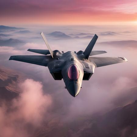 macro photo of US Army soldiers,  War in Afghanistan, beautiful valley, F22 Raptor Jet flying above, Nikon D850, morning fog, highly detailed, sun rise, pink and orange clouds, detailed water, <lora:add-detail-xl:1>