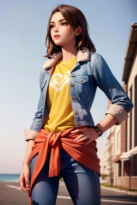 (realistic:1.5), <lora:SkyeEXP:0.5>, xyzskye, skye, clothes around waist, jacket, yellow shirt