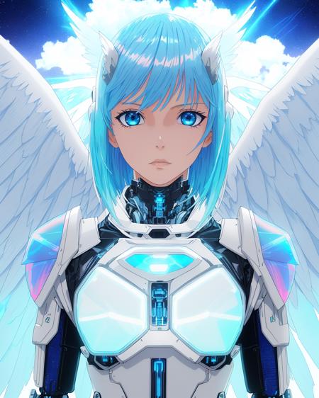 bangs! robot arms! angel wings, iridescent! closeup! light baby blue hair, cloud background, masterpiece, cyborg, 19 year old young woman, by Franois Quesnel, best quality, epic, cinematic! sharp focus, 8k, extremely detailed swords! photo realistic, swords! pale light peach, outstanding, extreme detail, scifi body suit collar, by mike winkelmann beeple, style of Artgerm and WLOP and Ilya Kuvshinov, outstanding (face war tattoos:1.3)
wanostyle mksk style female wearing full body multiple stitched layer (anime screenshot! blue lightning! bright blue hair! leather armor, angel wings! blue eyes, white metal body! vibrant over saturated, fabric with intricate pattern:1.3) pink  kai <hypernet:kai:0.35> anime screencap <lora:animeScreencapStyle_v230epochs (1):0.12>(white body suit, iridescent vibrant over saturated:1.4) wanostyle <lora:wano:0.23>