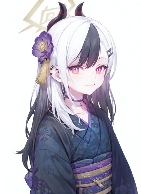 masterpiece, best quality, 1girl, hair ornament, solo, multicolored hair, white hair, black hair, japanese clothes, simple background, halo, flower, white background, hairclip, looking at viewer, smile, hair flower, piercing, ear piercing, choker, upper body, closed mouth,kimono,horns,print_kimono, <lora:deadnoodleslora:0.6>, <lora:newyearkyklora:0.9>