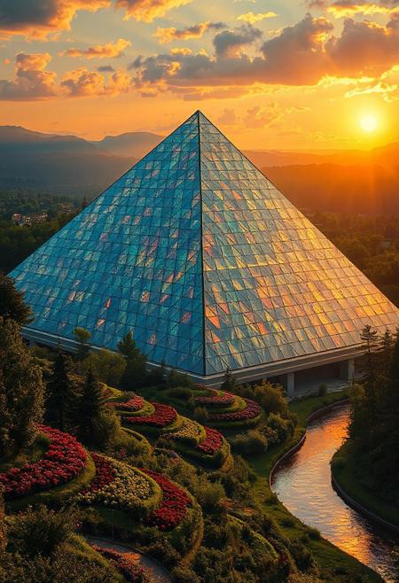 Photo from the ground, (Photorealistic photograph:1.5),  giant modern wide based pyramid entirely of multicolored stained glass, (some light shining through), beautiful lush flower gardens, with terraced gardens and green space, sunset golden hour, (verdant forests, shimmering meandering river)