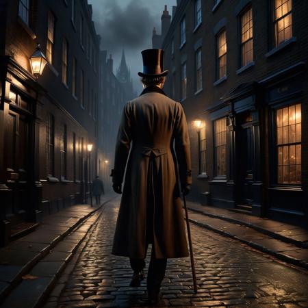 Ultra realistic full body color pencil drawn portrait of  
a man seen from behind, with a top hat, a cane and a a long coat, walking through a street of 1850 London, at night. Vibes of Charles Dickens.
BREAK
Deep dark intense brown foggy background,
Dark theme, dynamic lighting, (soft shadows), (soft focus),  (photo realistic), uhd, 8k
