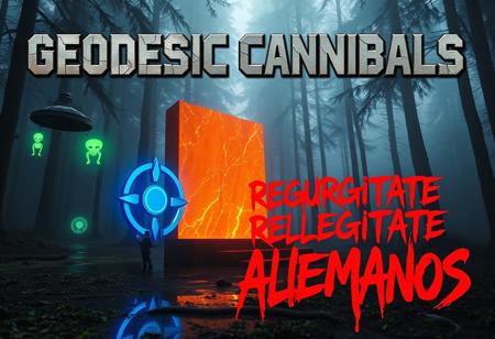 “A cinematic, high-tech scene with the Algiz rune and a glowing orange marble monolith set in a misty, Italian-inspired forest, captured with a Sony prime lens for vivid detail. The metallic, neon-blue rune stands beside the polished monolith, casting bold reflections across the forest floor. Two neon-green, floating aliens orbit the rune, radiating a spectral green glow. At the top, styled in classic hard rock fashion, the band name ‘GEODESIC CANNIBALS’ appears in rugged, cracked chrome text with sharp edges, evoking heavy-metal album covers, while the album title ‘REGURGITATE ALLEMANOS’ is scrawled beneath it in intense, blood-red letters, resembling spray paint or dripping ink. This raw, edgy aesthetic amplifies the scene’s mysticism and futuristic grit, blending supernatural elements with high-voltage rock energy.”