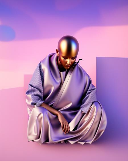 a man in a pink shirt is holding a silver object in his hands and sitting on a roof with a sword in his hand and a pink body painted body, Beeple, c4d, a raytraced image, hypermodernism ,  Beeple, redshift render, a raytraced image, global illumination, a 3D render,  volumetric light, photorealism, vaporwave