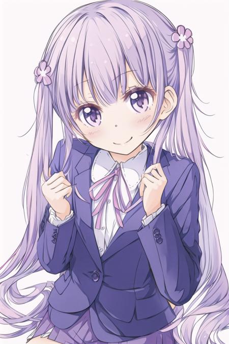 Suzukaze_Aoba purple_eyes,hair_flower, hair_ornament,twintail_hair, purple_hair, short_hair pink_neck_ribbon,jacket,pencil_skirt,white_legwear,loafer