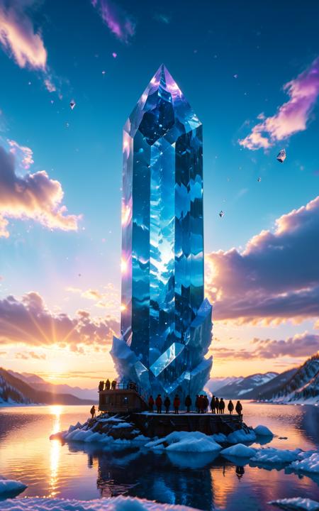 midjourneyv6.1,(A massive towering blue crystal on a frozen lake),(viewed from a low angle looking upward),surrounded by people gazing in awe at the crystal,the sky filled with mystical blue and purple hues,CG magical style,cinematic atmosphere,otherworldly colors,intricate details on the ice and crystal,emphasizing the height and grandeur of the crystal,natural light,35mm photograph,film,professional,4k,highly detailed,Golden hour lighting. Depth of field F2. Rule of Thirds Composition,(best quality:1.1),(masterpiece:2),(illustration, 8k CG, extremely detailed),Cinematic Lighting,<lora:detailed_notrigger:1>,<lora:xl_more_art-full_v1:1>,<lora:MidjourneyV6.1:0.8>,