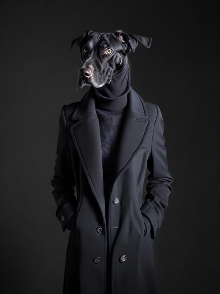 <lora:AnimalClothes:1>a dog wearing a black coat and a hat