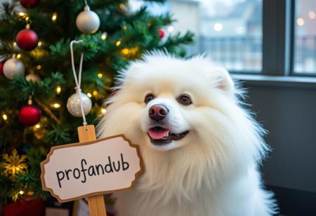 A white fluffy dog by a christmas tree, with a sign saying "profandub"