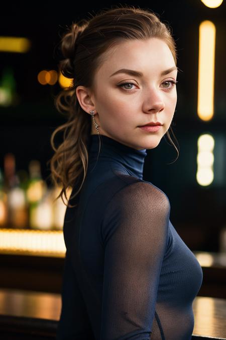 photo of extremely sexy (ndormer:0.99), a woman as a sexy student, closeup portrait upsweep updo, (Navy Blue tight long sleeve turtleneck top), at a cantina sitting bar (masterpiece:1.5) (photorealistic:1.1) (bokeh) (best quality) (detailed skin texture pores hairs:1.1) (intricate) (8k) (HDR) (wallpaper) (cinematic lighting) (sharp focus), (eyeliner)