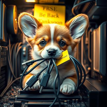 semirealistic, a cute/charming corgi puppy with multiple unplugged computer cords in its mouth, inside a computer motherboard. THE message "be back soon" written on a yellow sticky note, detailed mirroring horizon, wining award digital art, hight detailed, Insane resolution. Insane details. Masterpiece. 32k resolution. casting shadow style, cucoloris patterned illumination, cinematic composition and lighting. Very detailed.