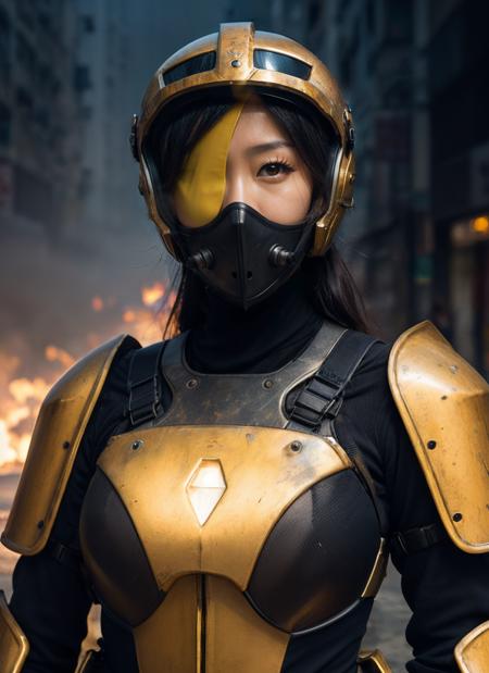 HDR, 8K resolution, intricate detail, sophisticated detail, depth of field, photorealistic, sharp focus, (closeup portrait) of asian woman, wearing power armor, ((carbon fiber)), helmet, on the streets, dystopian street, (smoke), detailed, cinematic composition, intricate details, highly detailed, 8k, reflective metal, fire, at night