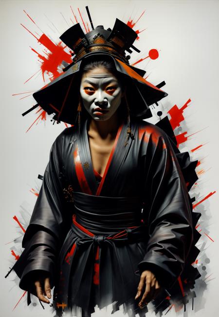 samurai with mask on her face and a black robe, ultra-realistic digital art, hyperrealistic digital art, hyperrealistic digital painting, ultra realistic digital painting, post apocalyptic outfit, cyberpunk, dirty, <lora:tbh273-:1>, <lora:ColorArt_SD1.5(1):1>, ultra quality, ultra detailed, award-winning, masterpiece, vibrant color scheme in a traditional outfit. Ethnic, regional, cultural, heritage<lora:VirtualDiffusionPonyXL:1><lora:VirtualDiffusionPonyXL:1>