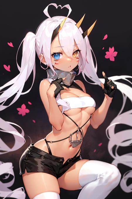 (masterpiece_1.3), (best quality_1.2),indianapolis \(azur lane\),1girl,solo,heart ahoge,yellow eyes,blue eyes,heterochromia,pink hair,dark-skinned female,long hair,ahoge,dark skin,very long hair,bangs,twintails,horns,looking at viewer,medium breasts,facepaint,shorts,underboob,turtleneck,mechanical horns,eyes visible through hair,black gloves,gloves,thighhighs,white thighhighs,black shorts,bandeau,partially fingerless gloves,cleavage,navel,hair between eyes<lyco:GoodHands-beta2:0.5>    <lora:30_indianapolis:1>