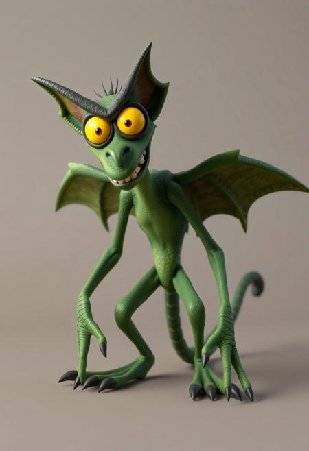 Clay Animation - a pixar style 3d animated green character called a jabberwock, angry, fierce, scary, big yellow eyes, wings, scales. long ears. long sharp teeth. at least ten feet tall with a simian like build, almost like a lemur. Its limbs are long and elongated and slender, 3 long fingers and claws. with a pointed end long tail ending, standing on two toes with a dewclaw/thumb. looking at camera over a simple background