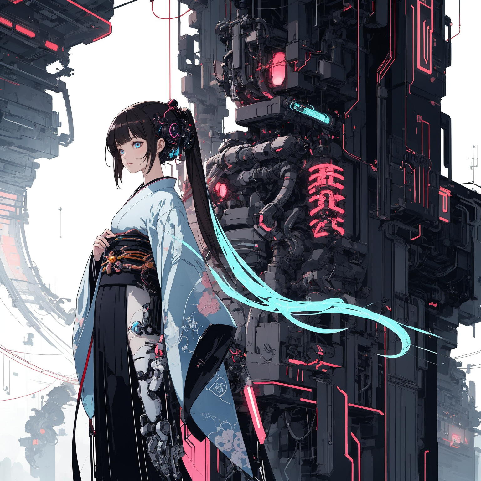 Concept art, Technical illustration, young Woman, (miku:0.7), dark hair, kimono, cyber ,mechanical