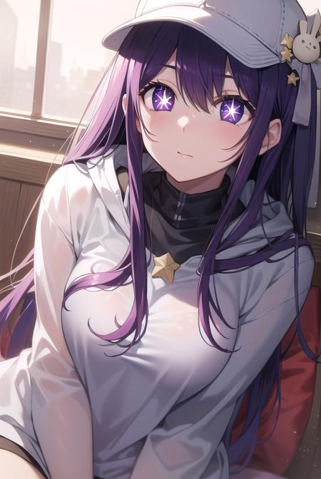 ai hoshino, hair between eyes, hair ornament, hair ribbon, long hair, one side up, (purple eyes:1.1), purple hair, rabbit hair ornament, (star-shaped pupils:1.5), symbol-shaped pupils, belt, black belt, brooch, dress, pink dress, frilled dress, frilled gloves, frills, gloves, heart brooch, idol, idol clothes, jewelry, pink gloves, red ribbon, ribbon, turtleneck dress, baseball cap, hat, hood, hoodie, long sleeves, puffy sleeves, white hoodie,