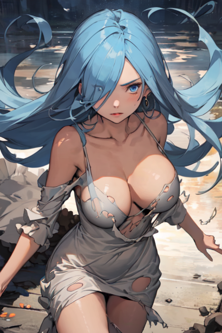 ElleyraSummon, 1girl, solo, very long hair, blue eyes, large breasts, white dress, cleavage, blue hair, torn clothes, jewelry, hair over one eye, 