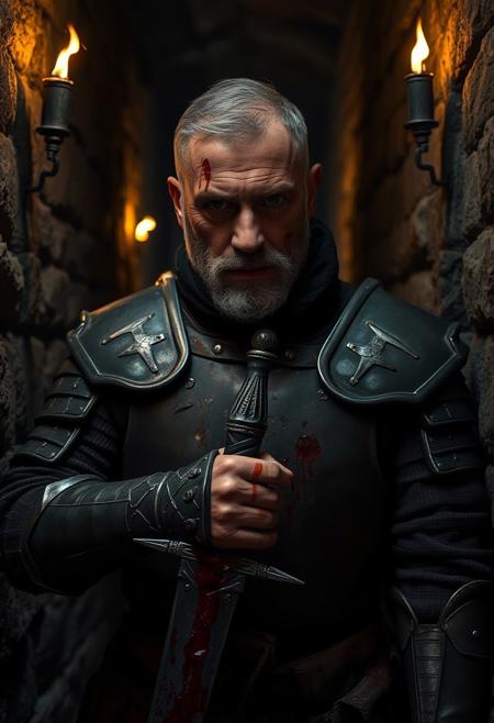 An ultra-realistic portrait of a Dark Knight, captured from the knees up in a narrow corridor approximately two meters wide. The scene is set at night, shrouded in darkness, illuminated only by flickering torches mounted on the stone walls, casting eerie shadows. The knight, a middle-aged man with a weary expression, wears a battered armor adorned with scratches and bloodstains, evidence of recent battles. He holds a blood-soaked sword, with crimson droplets dripping onto the floor. His face is marked by exhaustion, featuring several scars and a fresh wound from which blood trickles down his chin. His stubbled jaw and tired eyes convey a sense of resilience and determination, creating a powerful, cinematic image that reflects the grim reality of his life as a warrior.