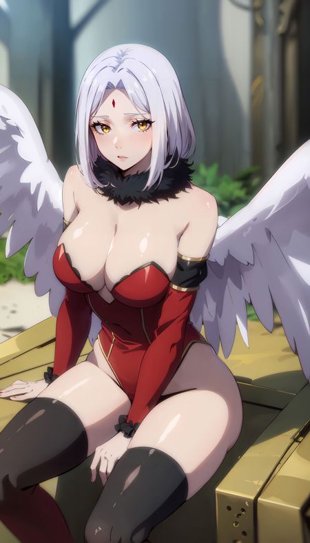short hair pink hair black fur collar angel wings large wings red outfit detached sleeves strapless yellow eyes red gem on forehead black thighhighs