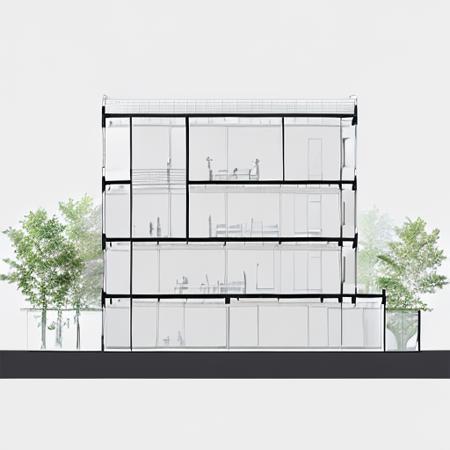 masterpiece,best quality,((masterpiece)),(best quality),(highres),8k,poumian,Building profile,building facade,trees,white background,building structure,Ground floor,grey walls,foundation structure,glass,flat roof,background trees,shadows,interior details,<lora:jianzhupouminaz:1>,