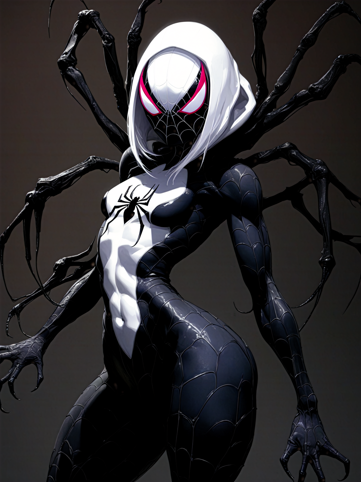 A Black and White Spider-Woman Artwork with Spiky Hair.