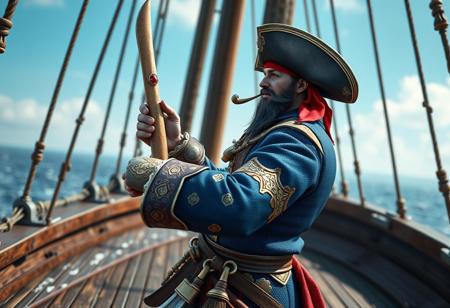 Detailed digital art of a handcrafted pirate , blue and gold intricate attire, red bandana, holding white pipe and brown sword with red gem. Standing on a weathered ship deck, facing right in a dynamic ready pose. Stunning colors, sharp lines, impeccable composition, creative angle, captivating lighting. Octane Render, Unreal Engine 5, 4K, high-res, exceptional quality. Trending on Artstation, CGSociety, Golden Ratio.