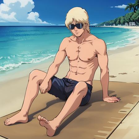 masterpiece,high quality,solo,
<lora:quattrovageena001:0.7>,
quattrovageena,1man,
blonde hair,sunglasses,
shirtless,short pants,barefoot,
beach,