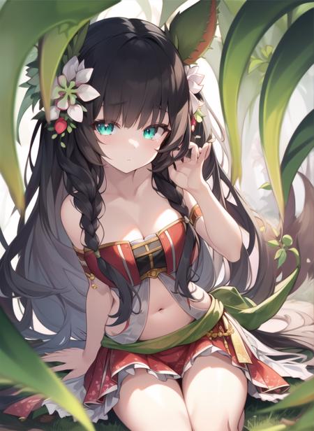 <lora:traptrixdionaea:0.7>traptrixdionaea,tail,sitting,navel, bare shoulders,hair ornament,Facing the camera,solo, 1girl,forest background,  masterpiece,solo,beautiful detailed eyes,finely detail,detailed face,vivid color,5 fingers,finely detailed,hyper detailed,detailed hand,8k,finely detailed beautiful eyes,high resolution illustration,best quality,