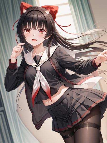 <lora:Sakawa_v2:1>long hair, black hair, red eyes, long sleeves, school uniform, hair bow, pantyhose, pleated skirt, open clothes, black skirt, sailor collar, neckerchief, black pantyhose, black shirt, loafers, sheath, oni horns, black serafuku, open cardigan, hair ribbon, hair ribbon, <lora:flatBG:-0.5> ,<lora:flat2:-0.5> ,<lora:hyperrefiner_v090:1> ,(dark light:1.2),(hyper extreme detailed),(masterpeace:0.5),(hyper extreme),(photorealistic),game cg,llustration,novel illustration,beautiful lighting,light from the front,good_hands,beautiful art ,BREAK